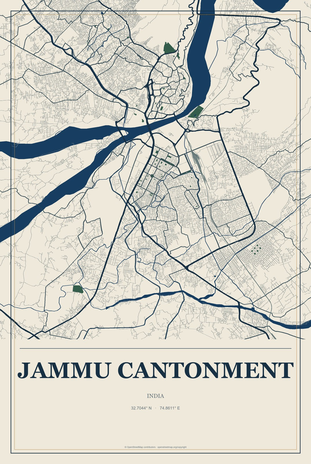 Jammu Cantonment, India City Map Aluminum Sign in Coastal Cutout style
