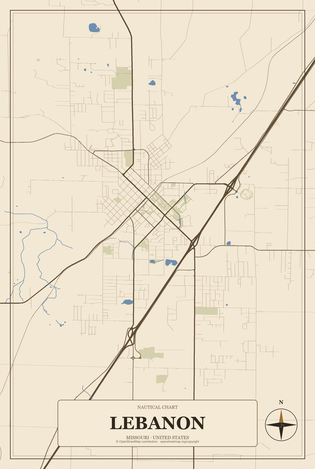 Lebanon, Missouri City Map Aluminum Sign in Heritage Nautical style