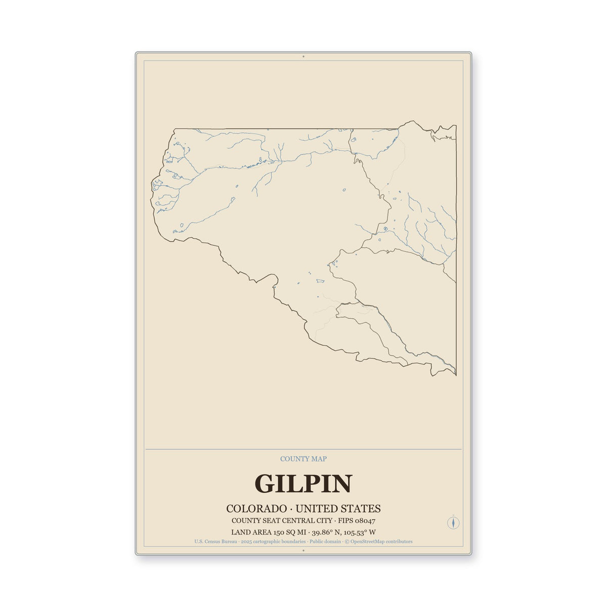 Gilpin County, Colorado Map Aluminum Sign in Heritage Nautical style