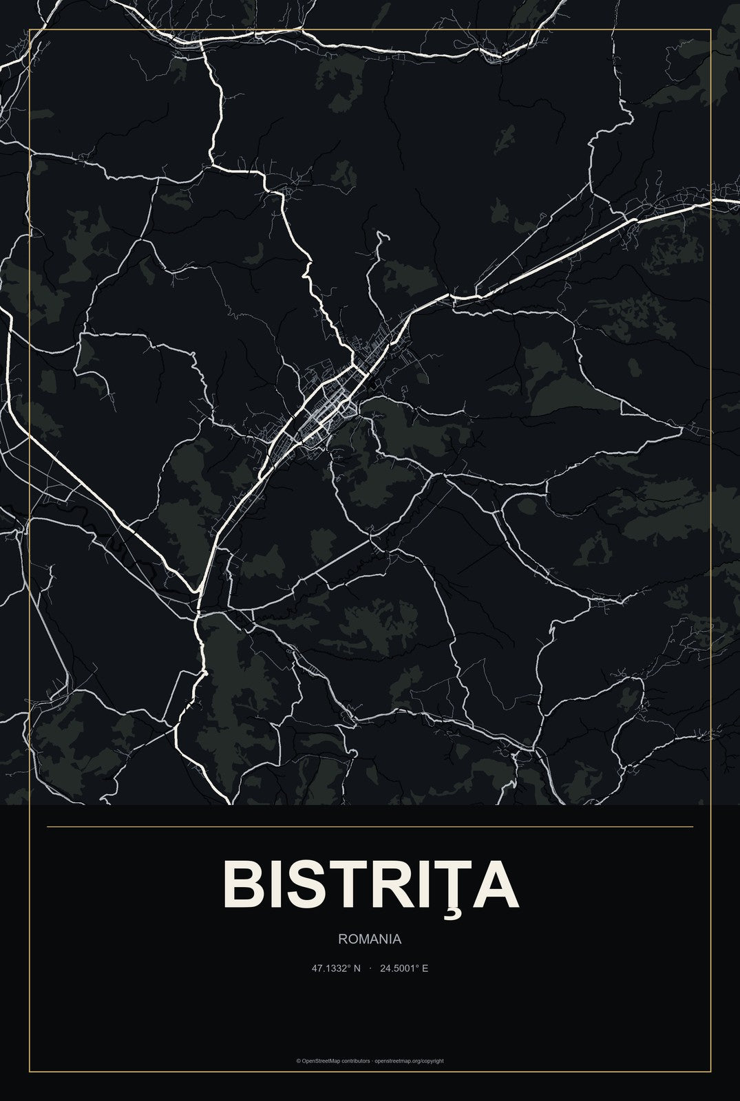 Bistriţa, Romania City Map Aluminum Sign in Metropolitan Noir style