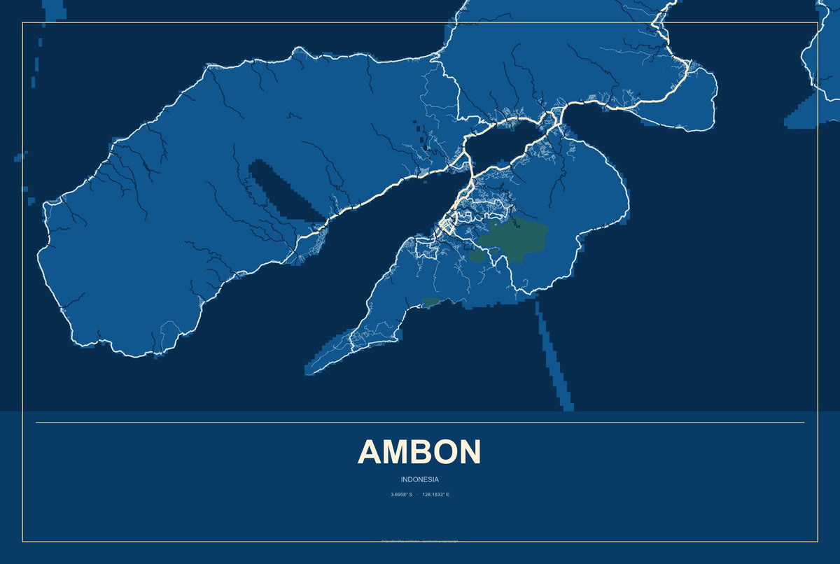 Ambon, Indonesia City Map Aluminum Sign in Harbor Cobalt style