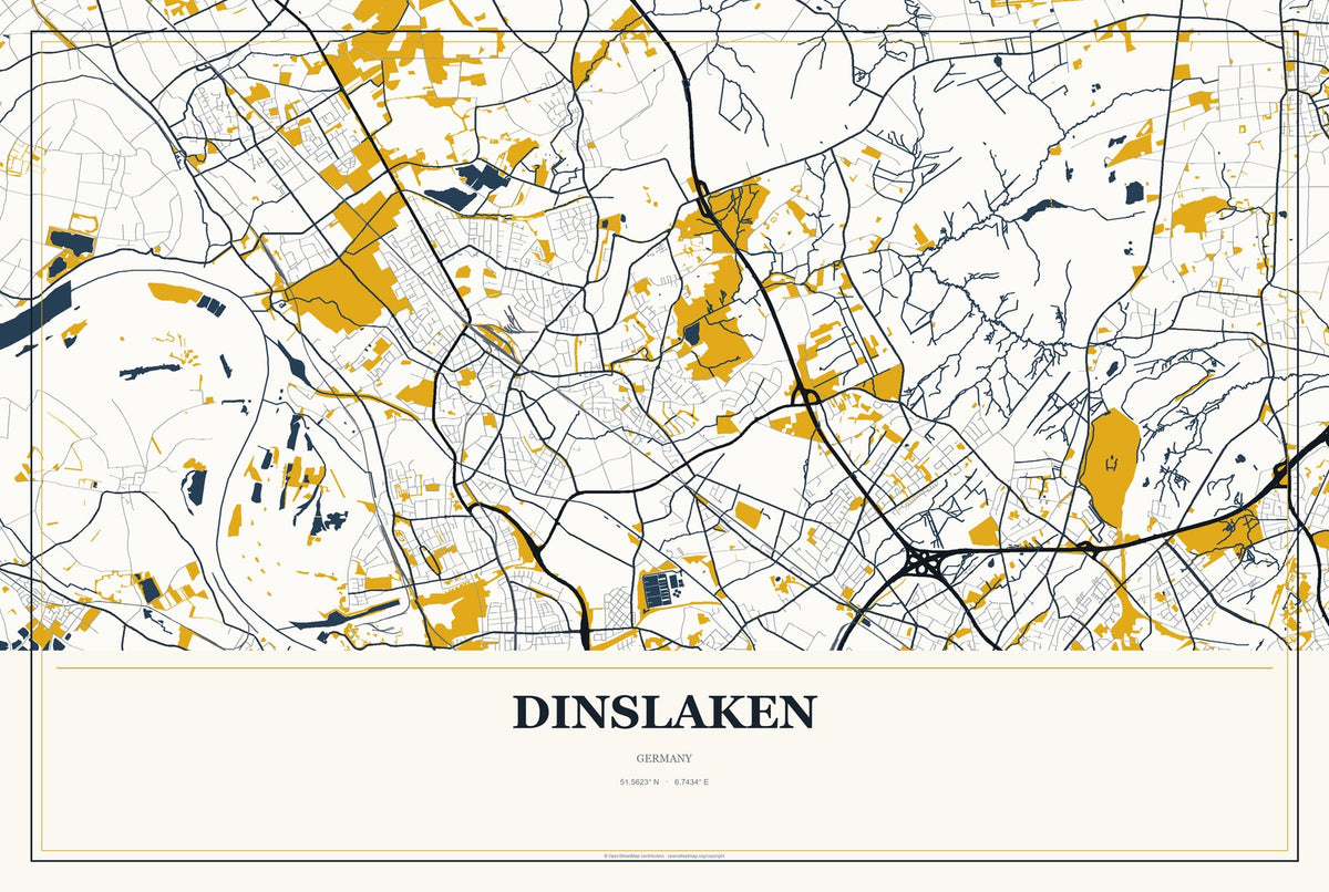 Dinslaken, Germany City Map Aluminum Sign in Citrine Modern style