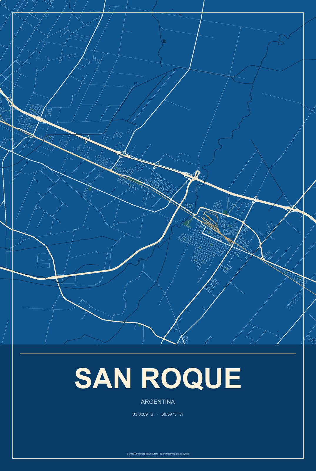 San Roque, Argentina City Map Aluminum Sign in Harbor Cobalt style