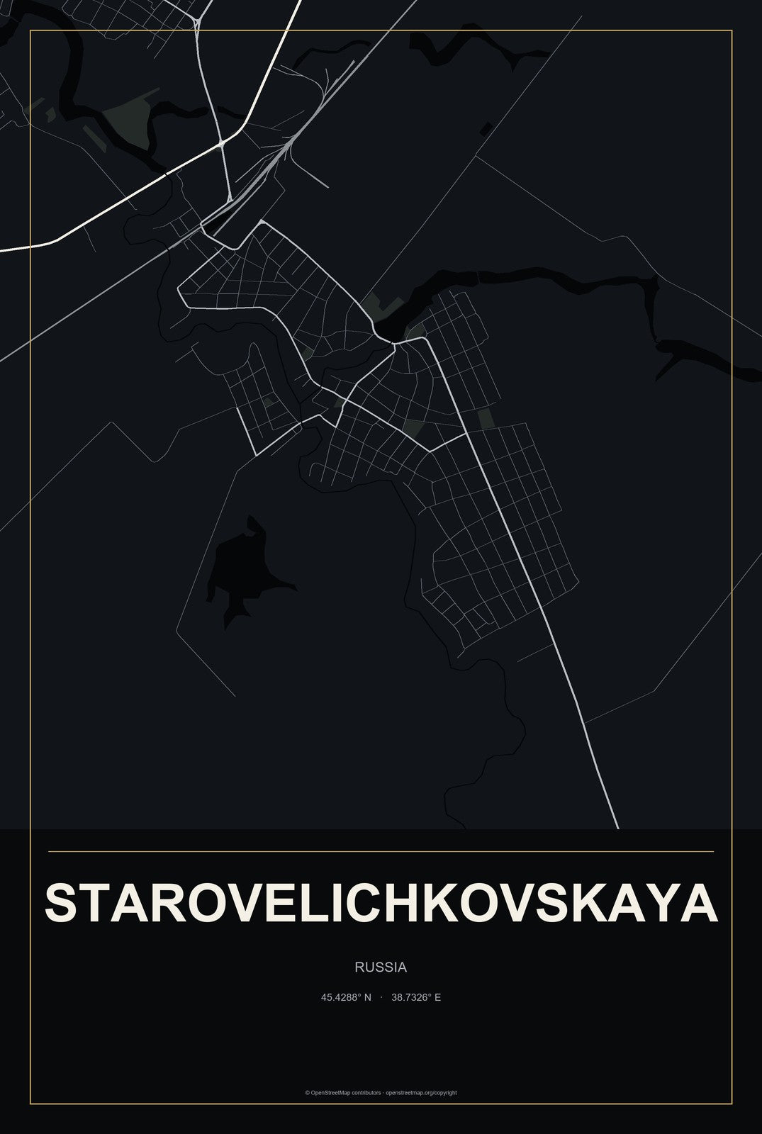 Starovelichkovskaya, Russia City Map Aluminum Sign in Metropolitan Noir style