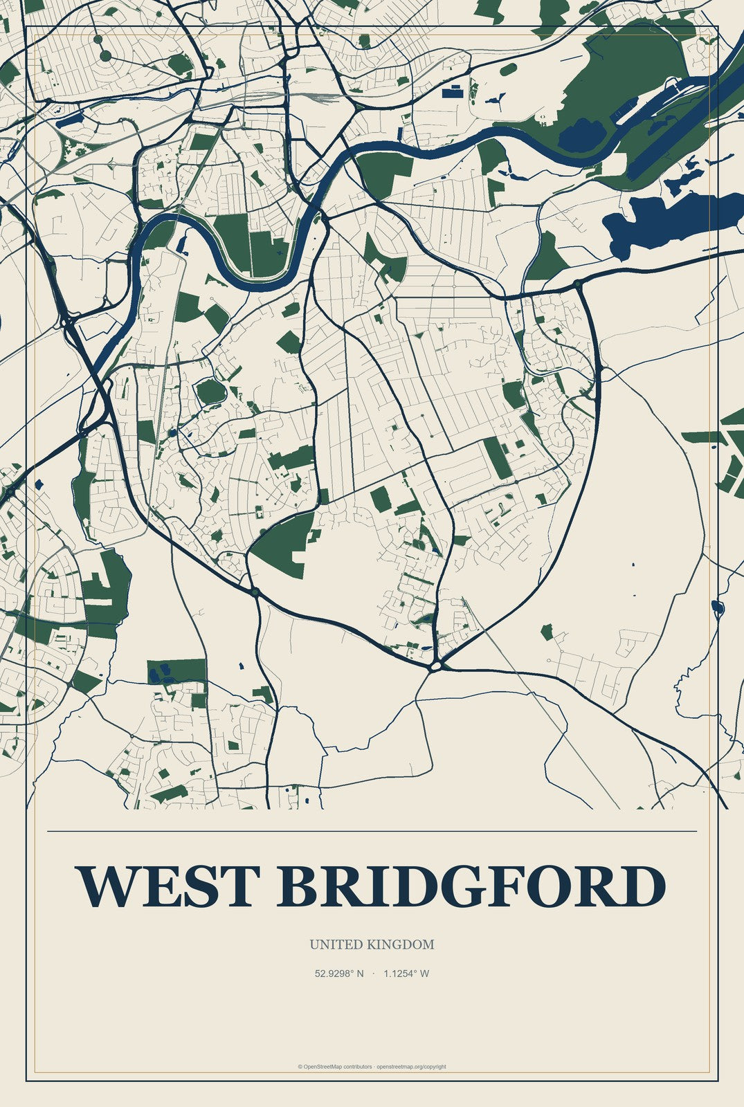 West Bridgford, United Kingdom City Map Aluminum Sign in Coastal Cutout style