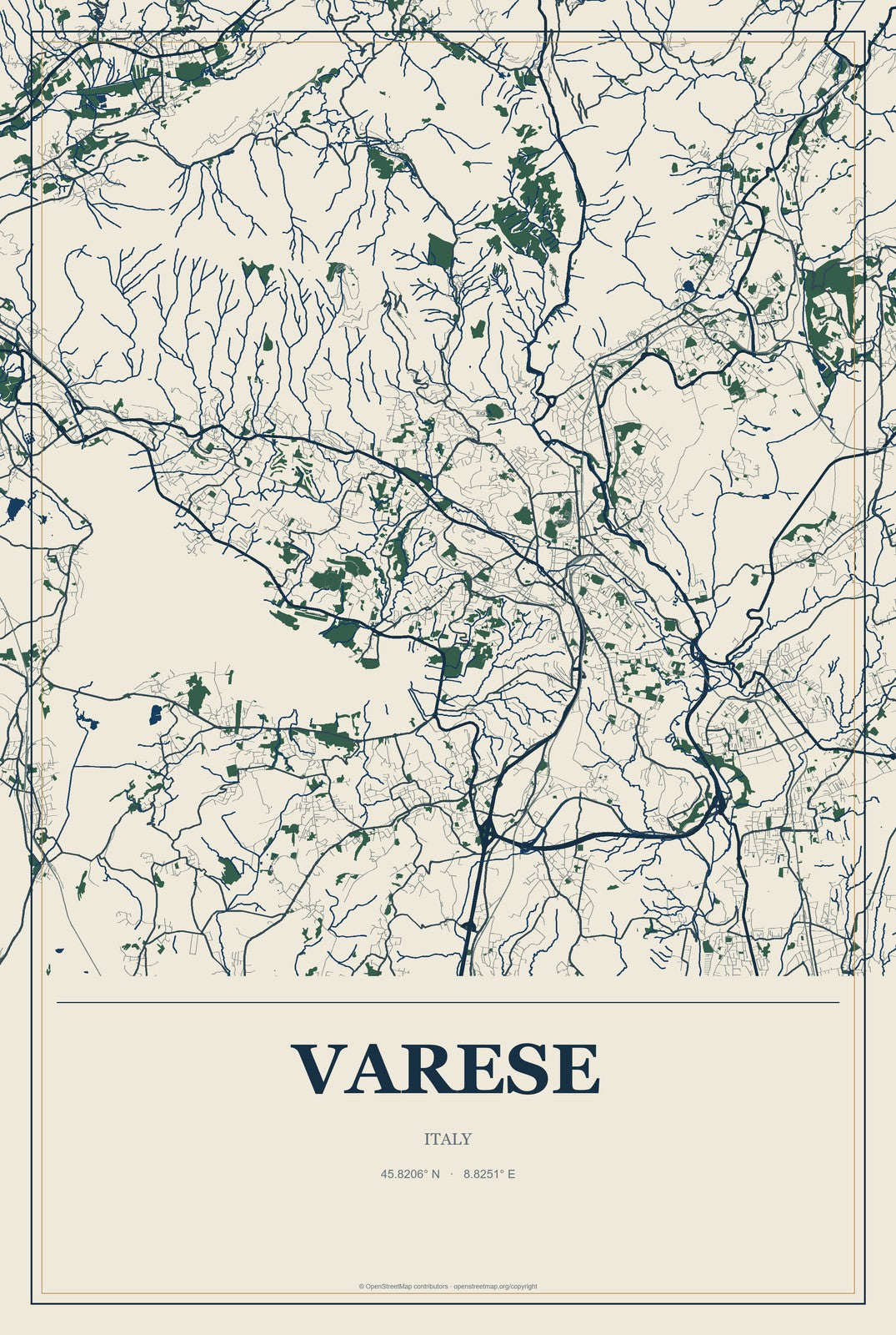 Varese, Italy City Map Aluminum Sign in Coastal Cutout style