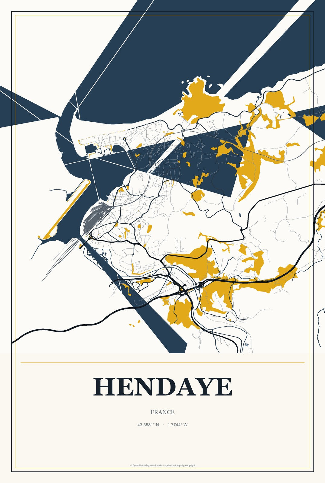 Hendaye, France City Map Aluminum Sign in Citrine Modern style