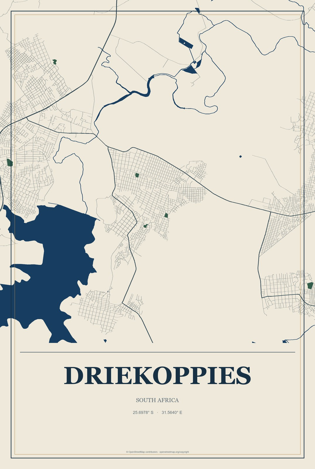 Driekoppies, South Africa City Map Aluminum Sign in Coastal Cutout style