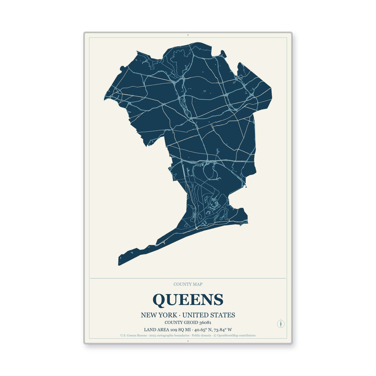 Queens County, New York Map Aluminum Sign in Coastal Cutout style