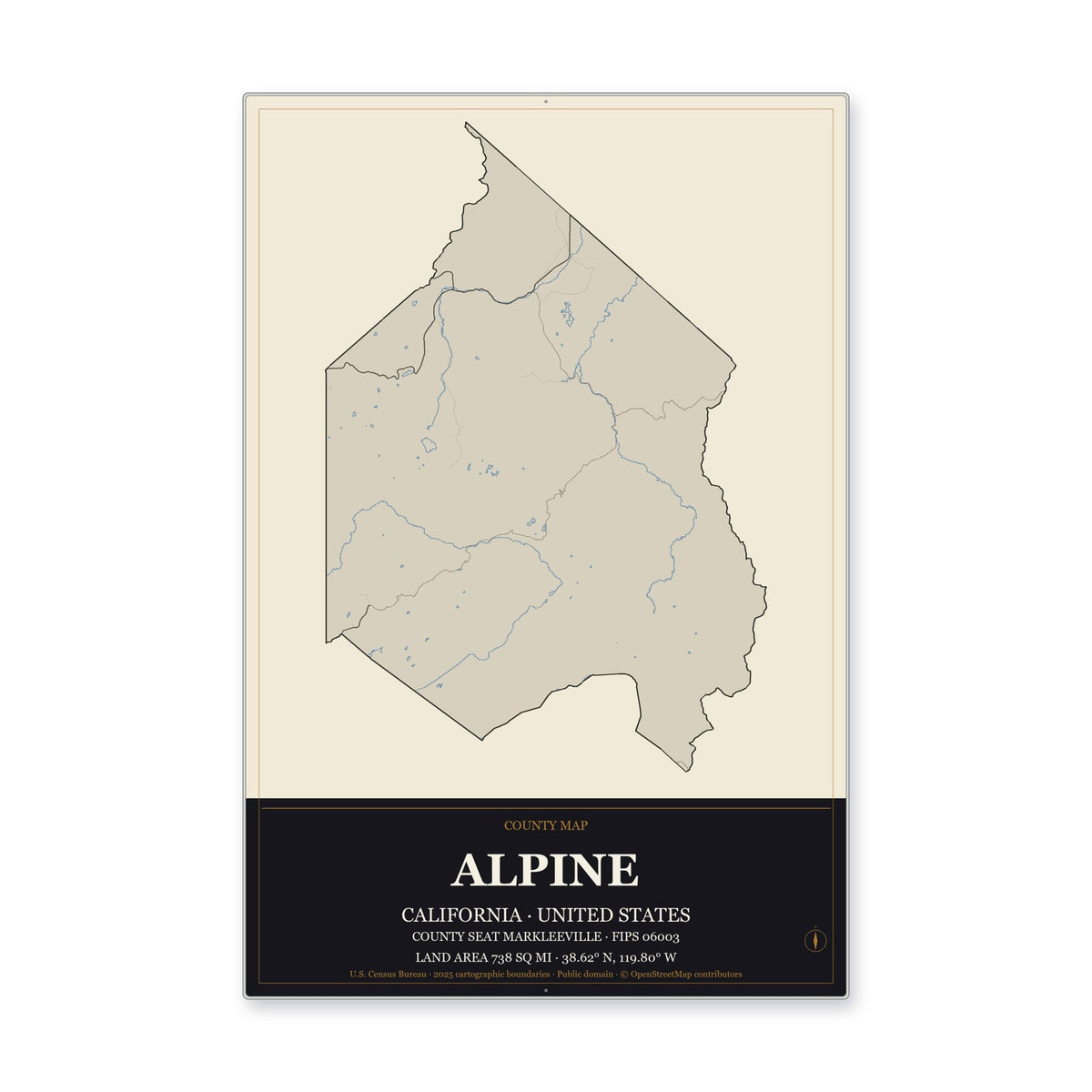 Alpine County, California Map Aluminum Sign in Museum Plaque style