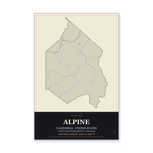 Alpine County, California Map Aluminum Sign in Museum Plaque style