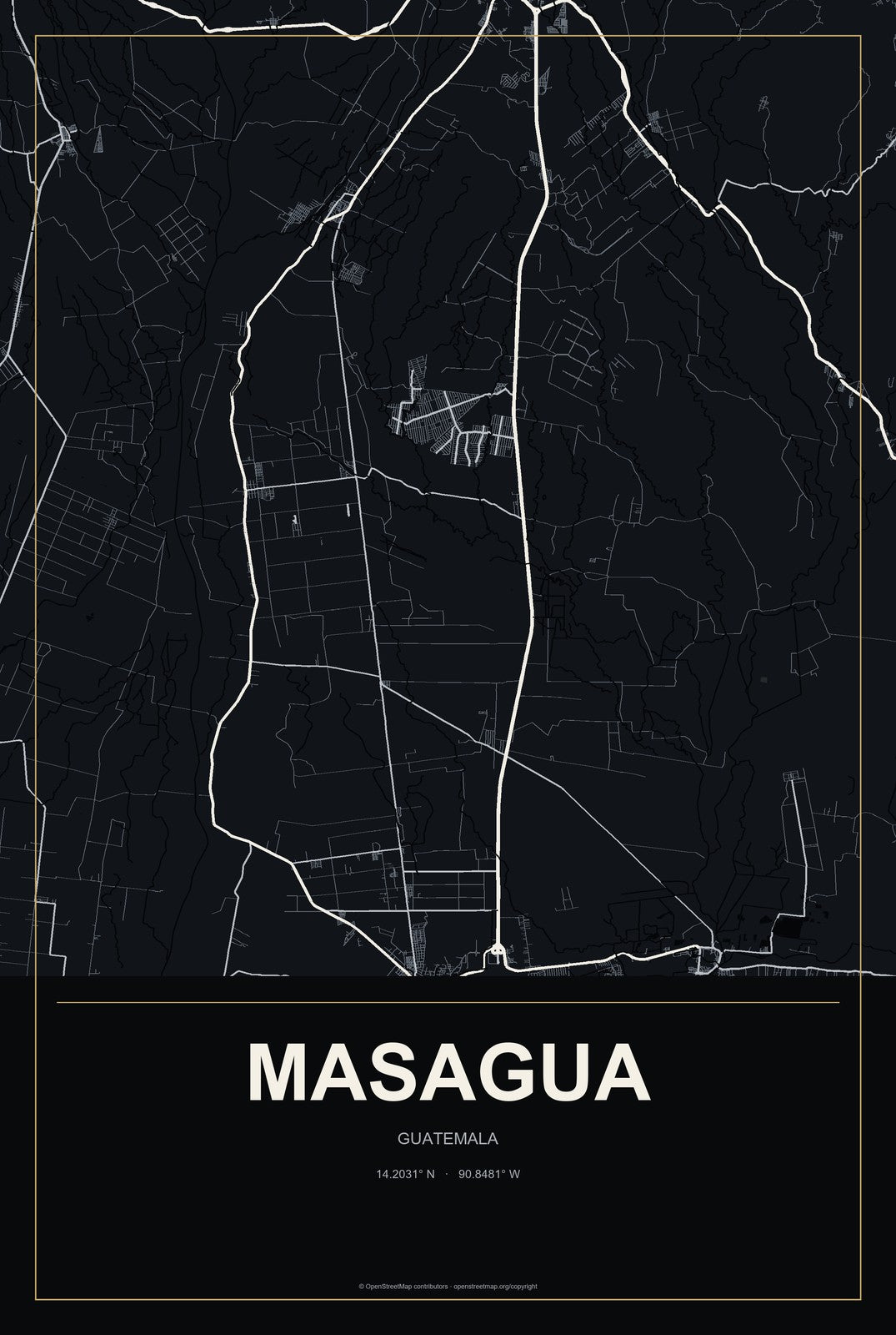 Masagua, Guatemala City Map Aluminum Sign in Metropolitan Noir style