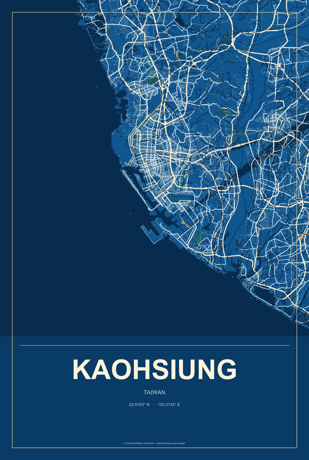 Kaohsiung, Taiwan City Map Aluminum Sign in Harbor Cobalt style