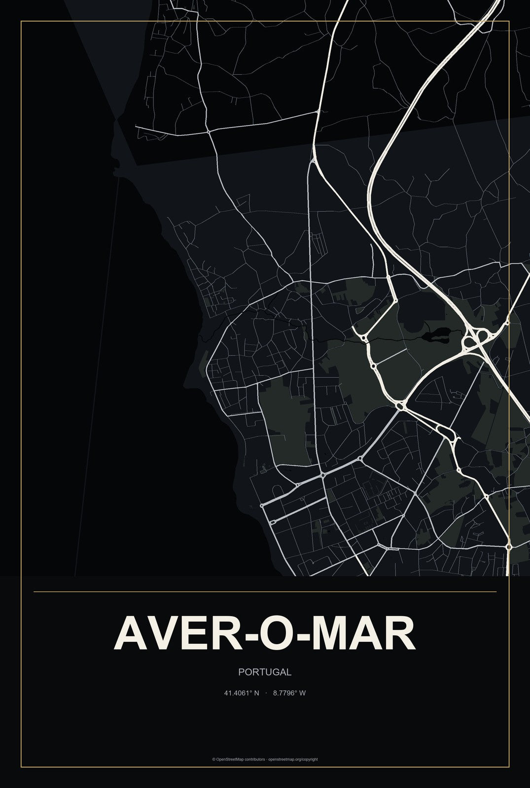 Aver-o-Mar, Portugal City Map Aluminum Sign in Metropolitan Noir style
