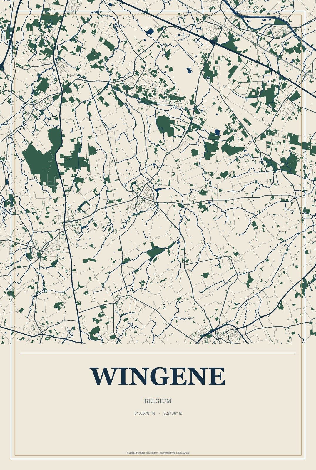 Wingene, Belgium City Map Aluminum Sign in Coastal Cutout style