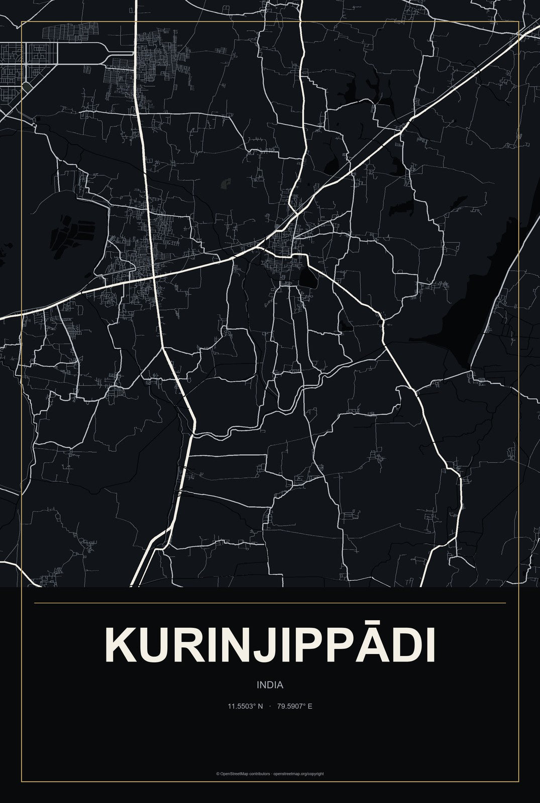 Kurinjippādi, India City Map Aluminum Sign in Metropolitan Noir style