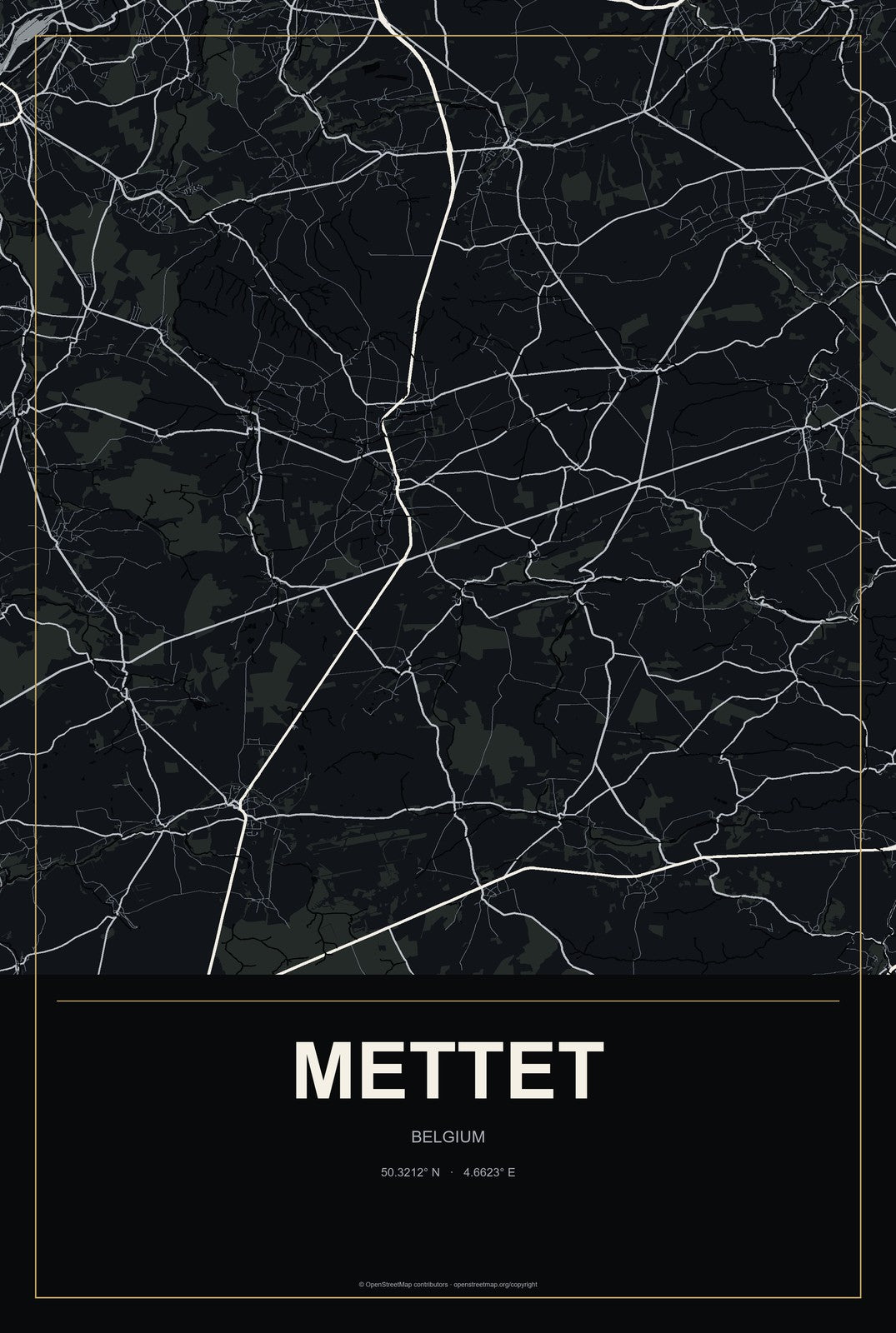 Mettet, Belgium City Map Aluminum Sign in Metropolitan Noir style