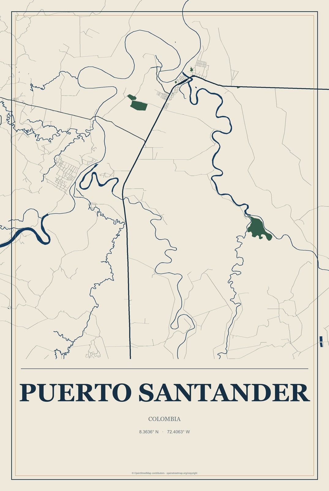 Puerto Santander, Colombia City Map Aluminum Sign in Coastal Cutout style