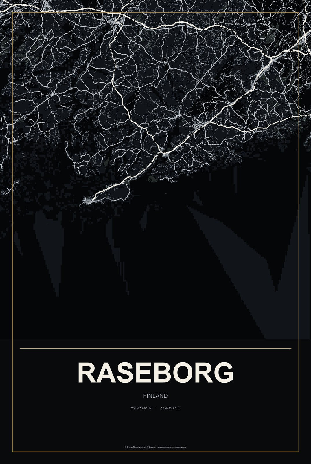 Raseborg, Finland City Map Aluminum Sign in Metropolitan Noir style
