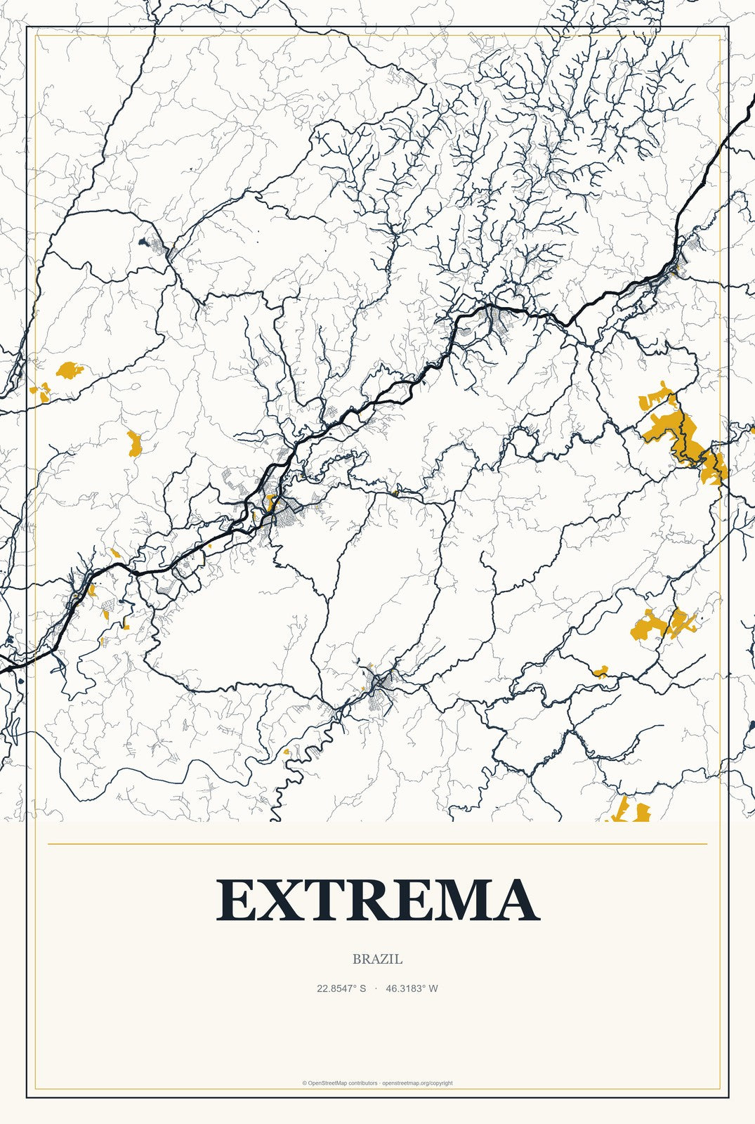 Extrema, Brazil City Map Aluminum Sign in Citrine Modern style