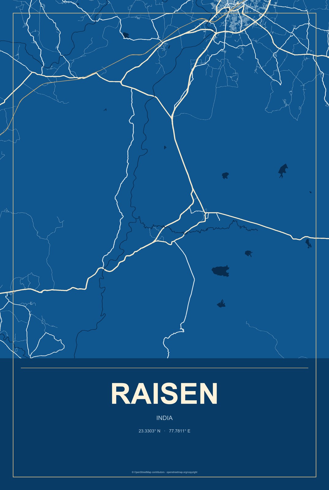 Raisen, India City Map Aluminum Sign in Harbor Cobalt style