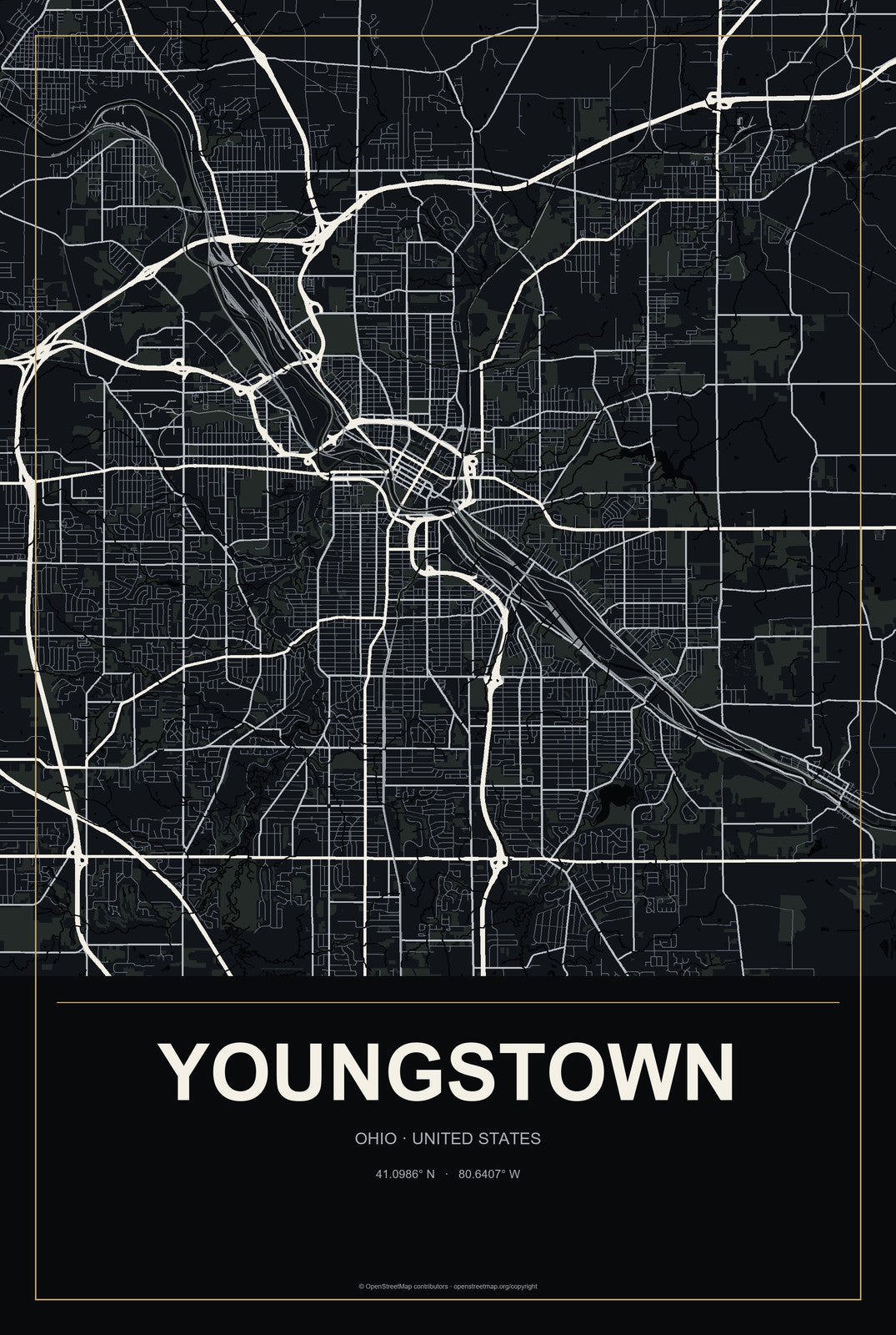 Youngstown, Ohio City Map Aluminum Sign in Metropolitan Noir style