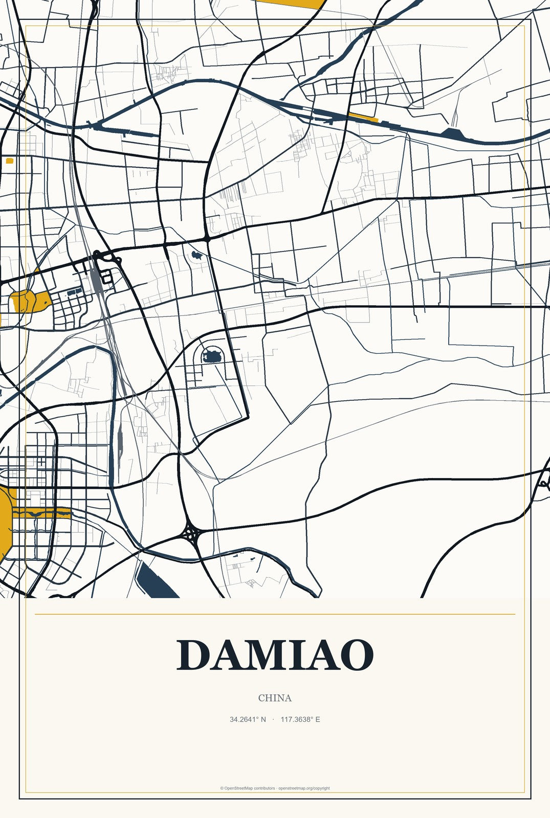Damiao, Chongqing, China City Map Aluminum Sign in Citrine Modern style