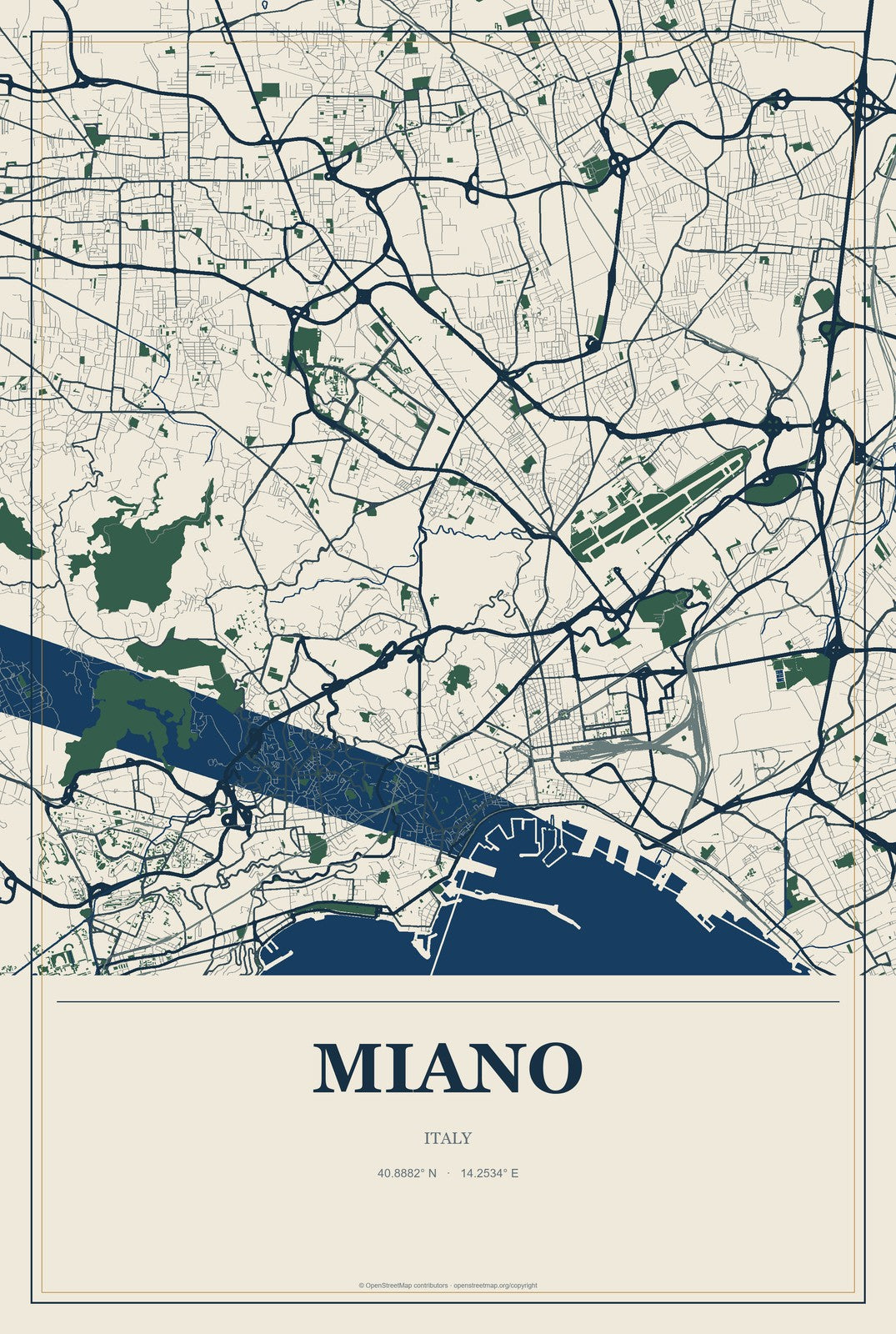Miano, Italy City Map Aluminum Sign in Coastal Cutout style
