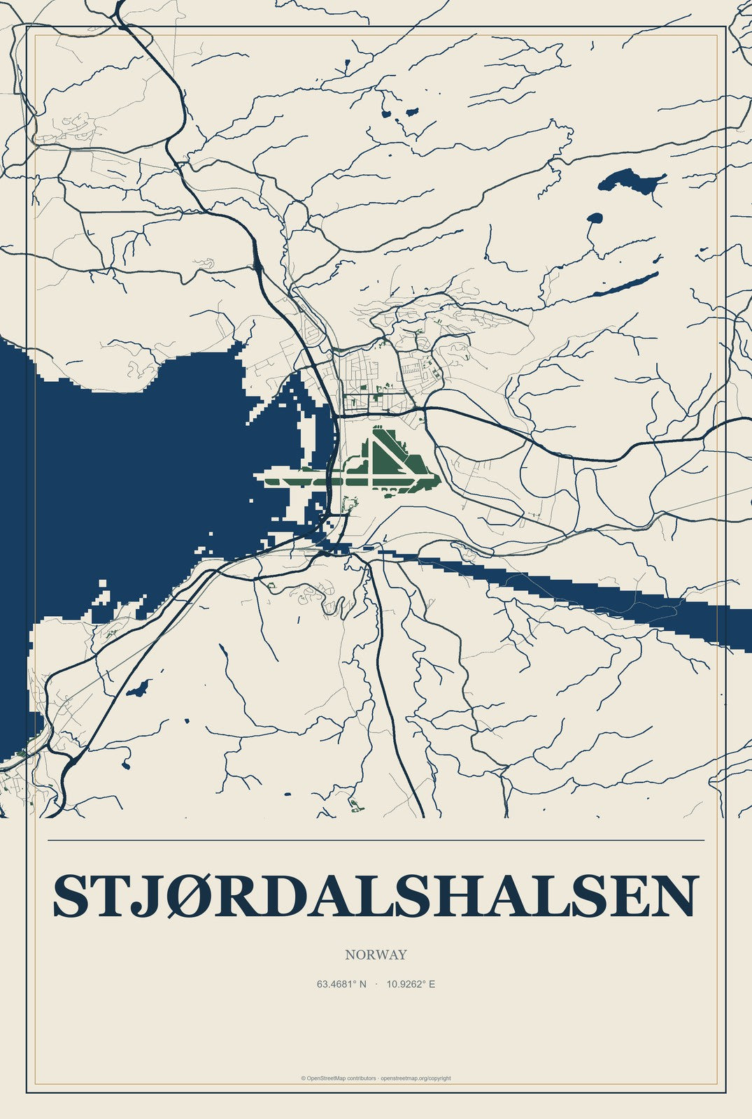 Stjørdalshalsen, Norway City Map Aluminum Sign in Coastal Cutout style