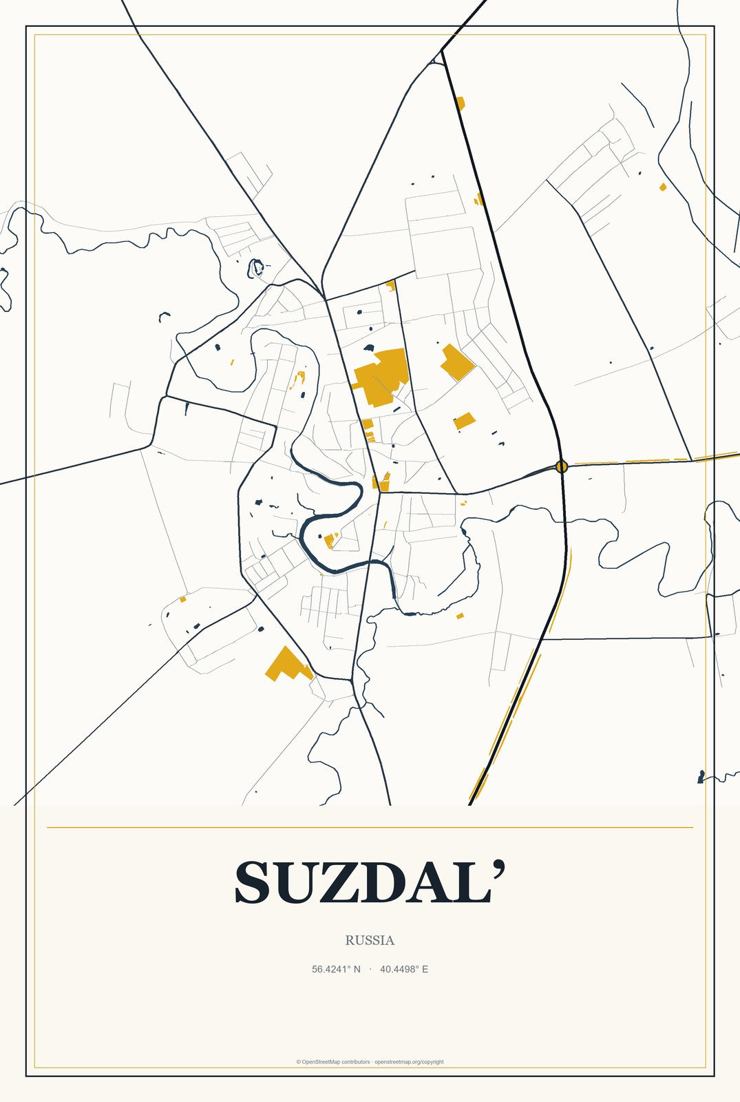 Suzdal’, Russia City Map Aluminum Sign in Citrine Modern style