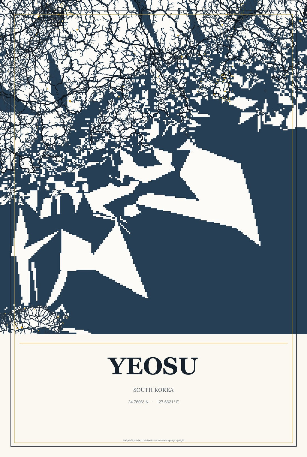 Yeosu, South Korea City Map Aluminum Sign in Citrine Modern style
