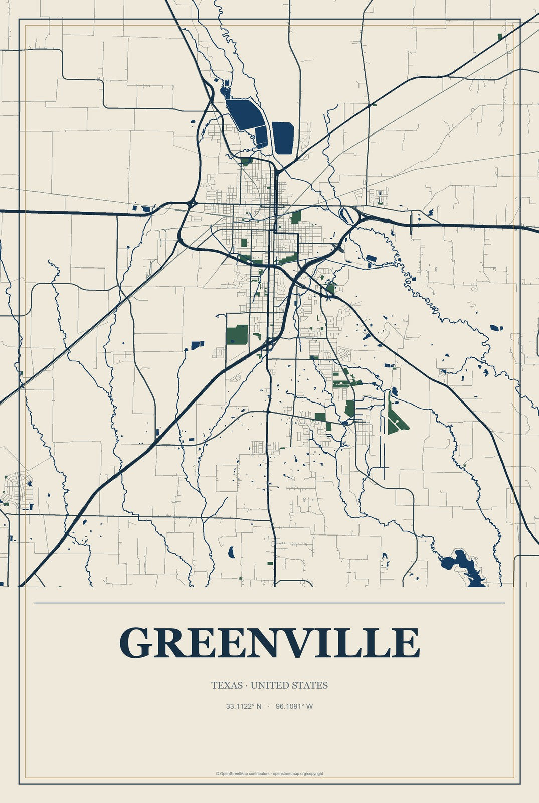 Greenville, Texas City Map Aluminum Sign in Coastal Cutout style