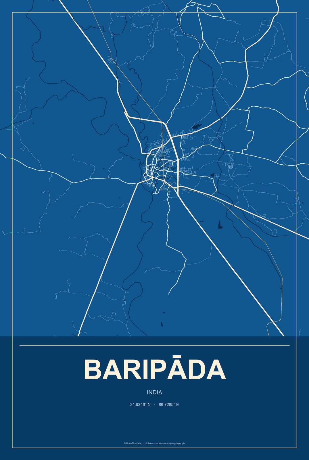 Baripāda, India City Map Aluminum Sign in Harbor Cobalt style