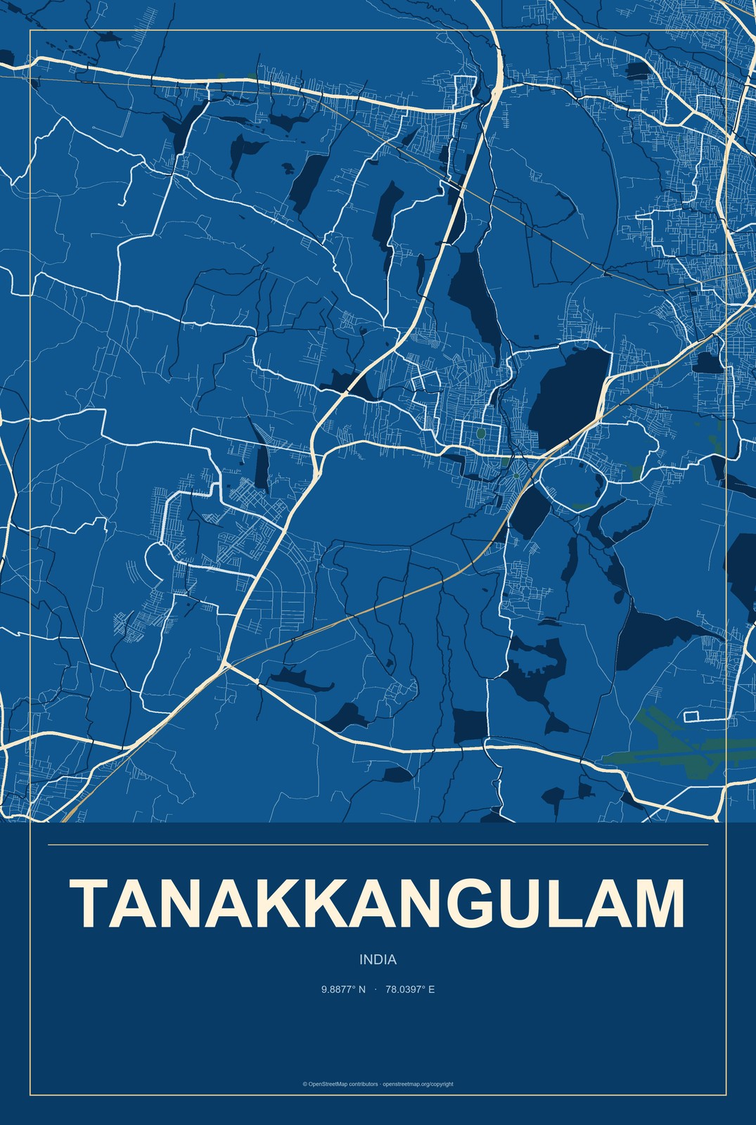 Tanakkangulam, India City Map Aluminum Sign in Harbor Cobalt style