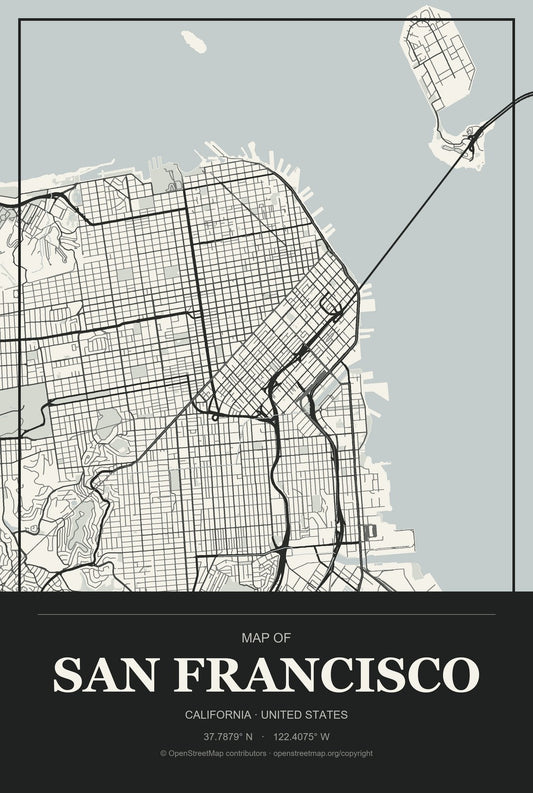 San Francisco, California City Map Aluminum Sign in Museum Plaque style