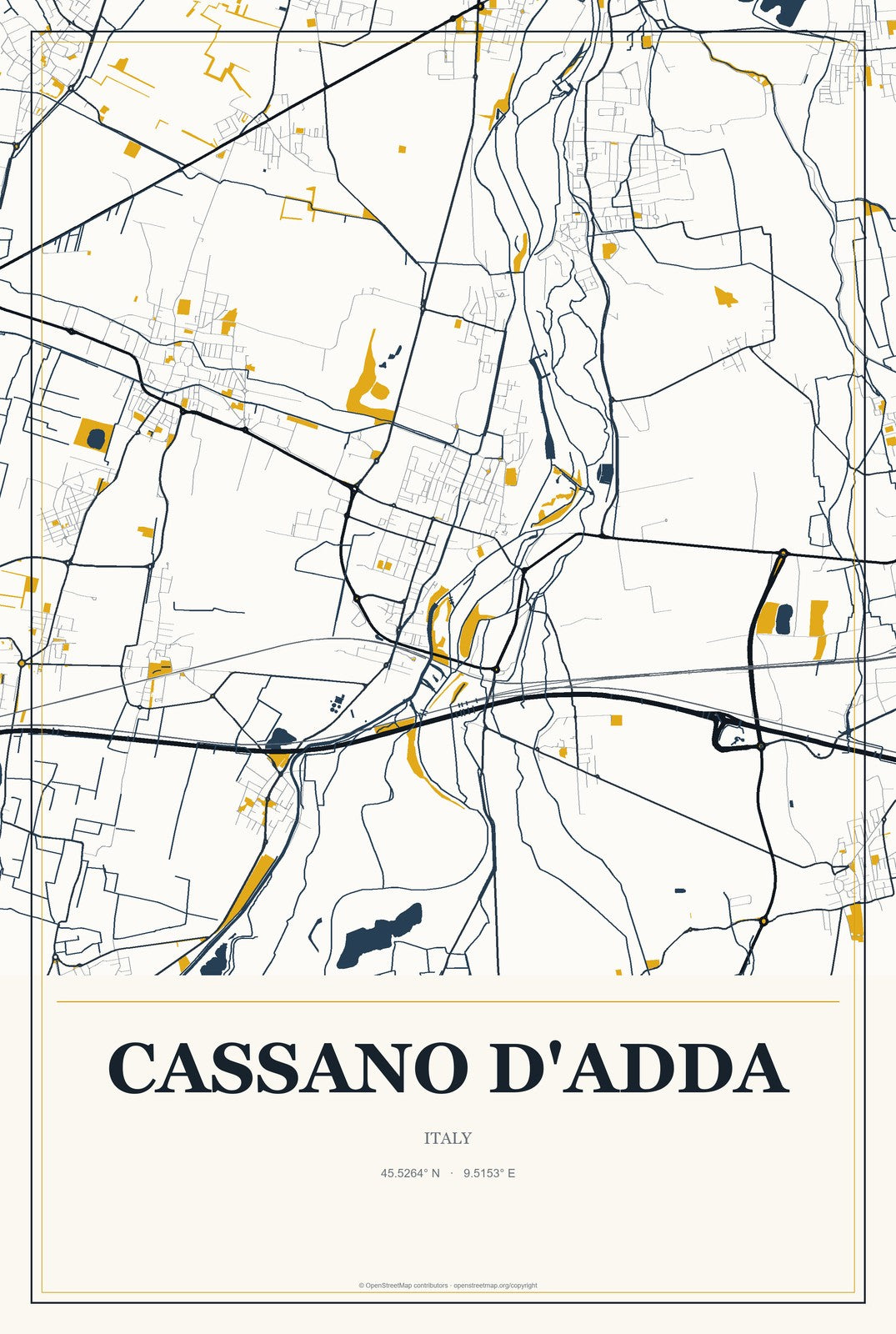 Cassano d'Adda, Italy City Map Aluminum Sign in Citrine Modern style