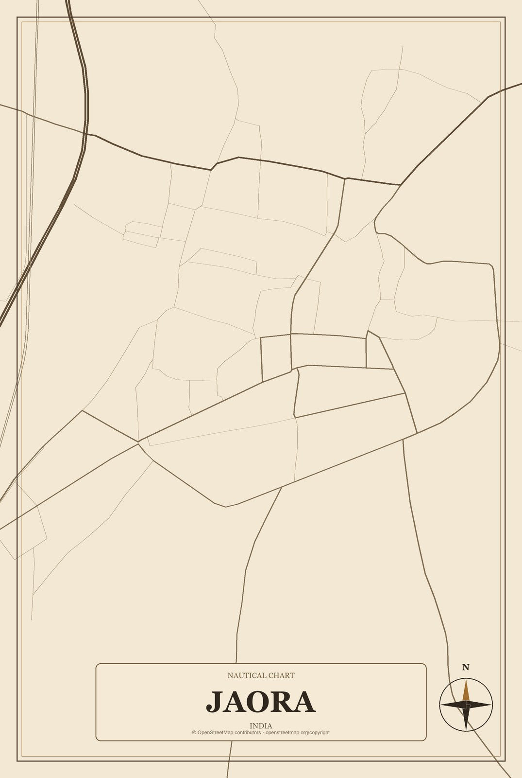 Jaora, India City Map Aluminum Sign in Heritage Nautical style