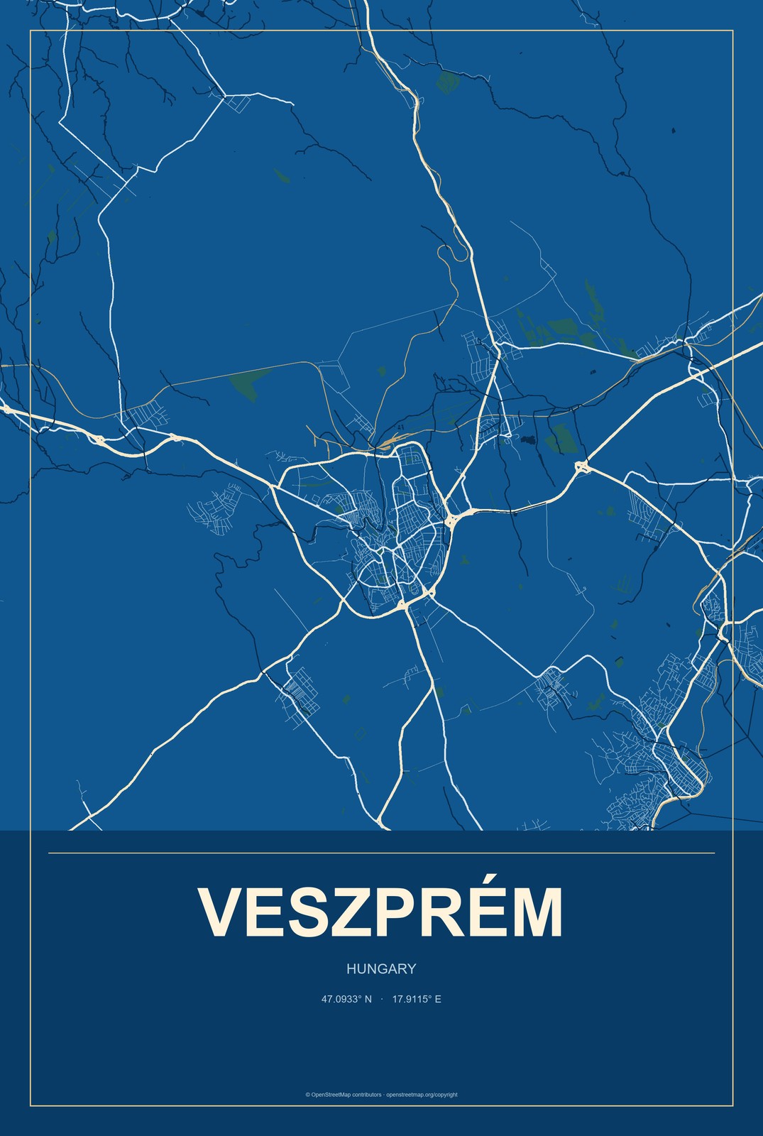 Veszprém, Hungary City Map Aluminum Sign in Harbor Cobalt style