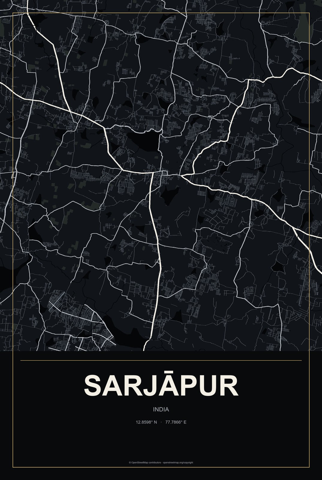 Sarjāpur, India City Map Aluminum Sign in Metropolitan Noir style