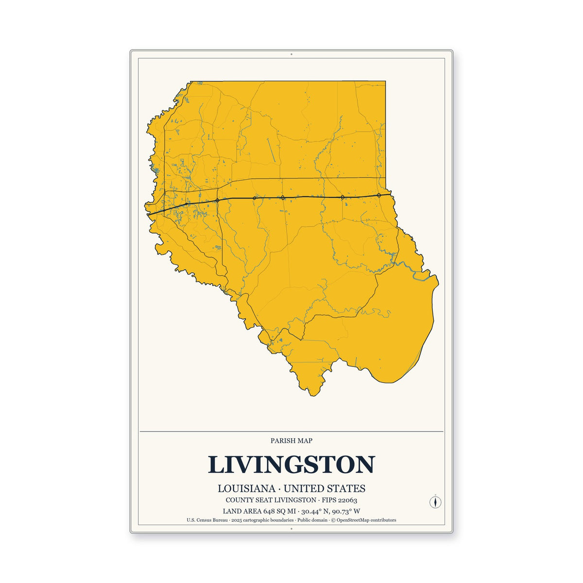 Livingston Parish, Louisiana Map Aluminum Sign in Citrine Modern style