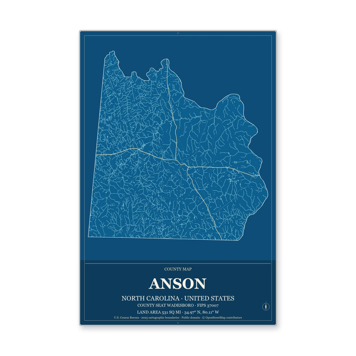 Anson County, North Carolina Map Aluminum Sign in Harbor Cobalt style