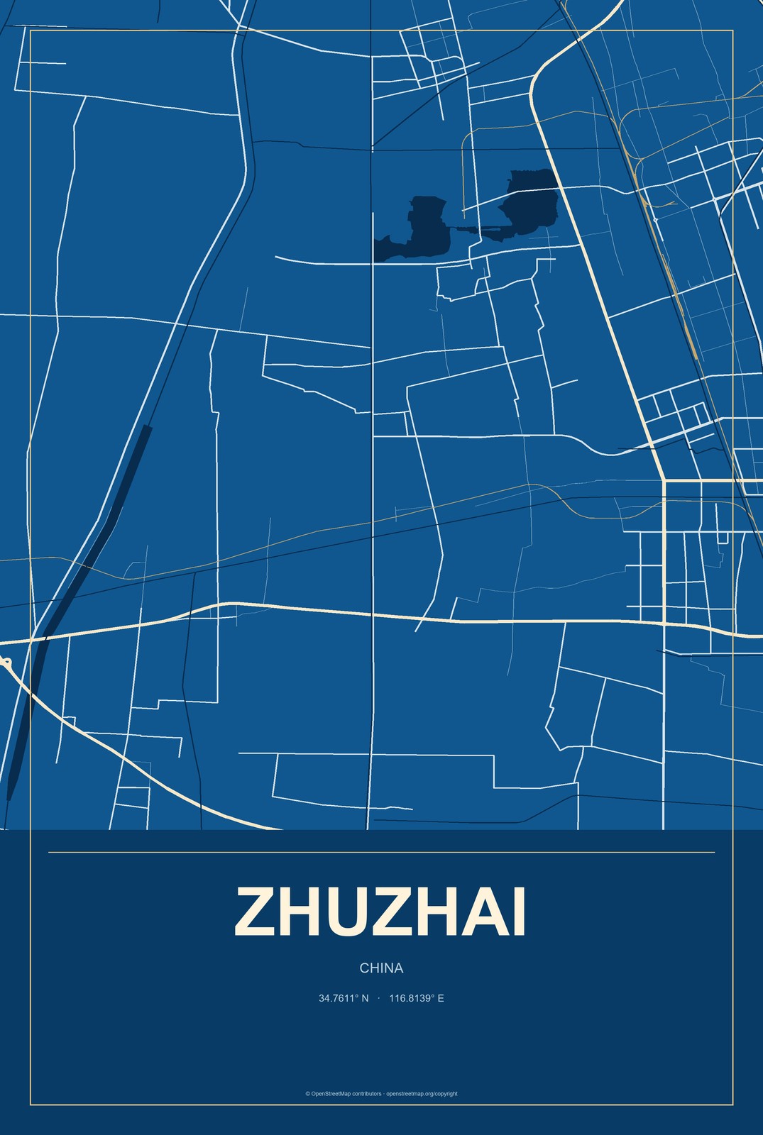 Zhuzhai, China City Map Aluminum Sign in Harbor Cobalt style