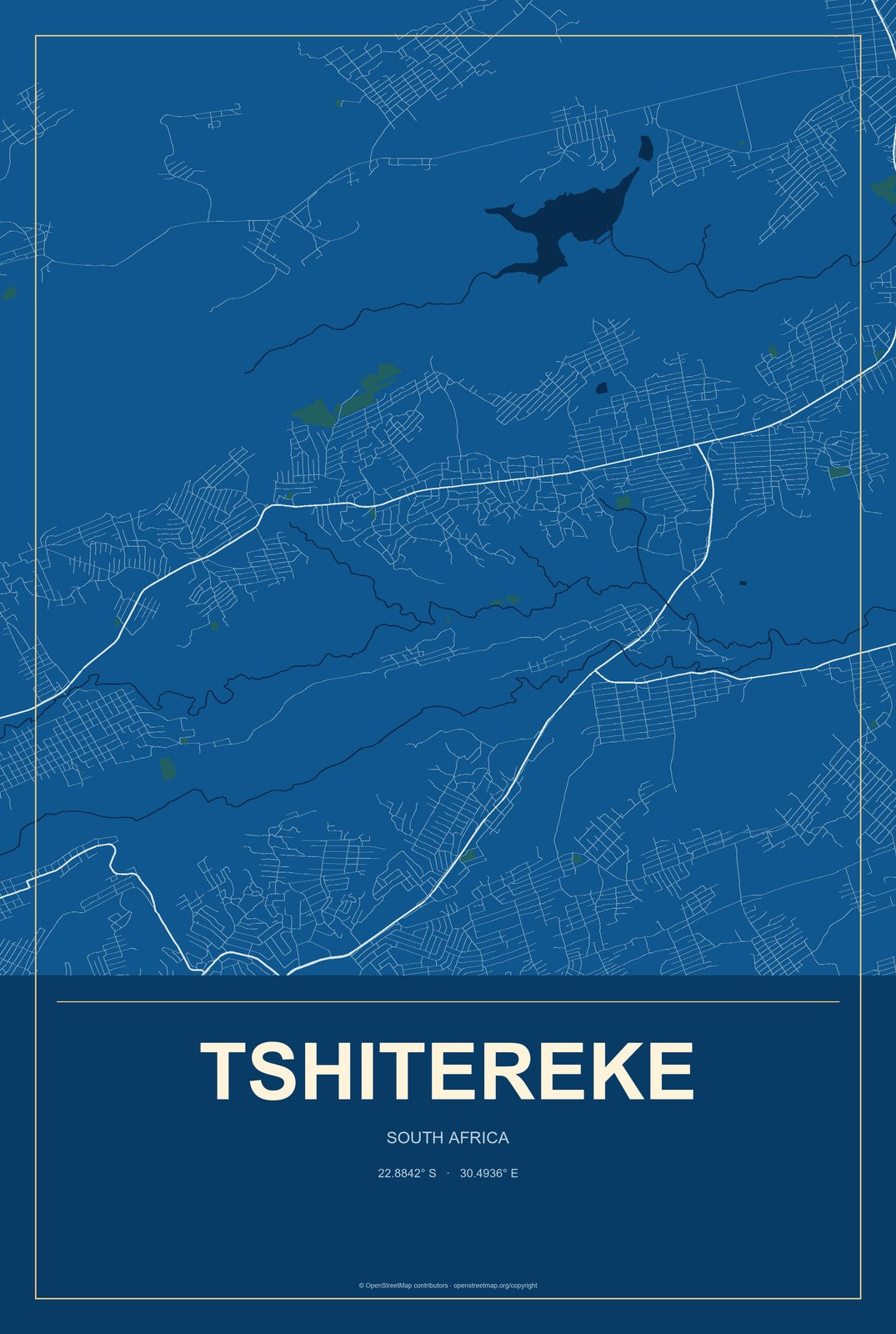 Tshitereke, South Africa City Map Aluminum Sign in Harbor Cobalt style