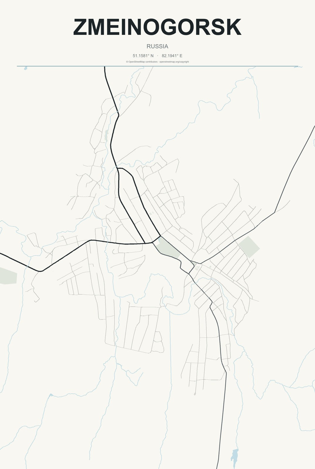 Zmeinogorsk, Russia City Map Aluminum Sign in Headline Atlas style