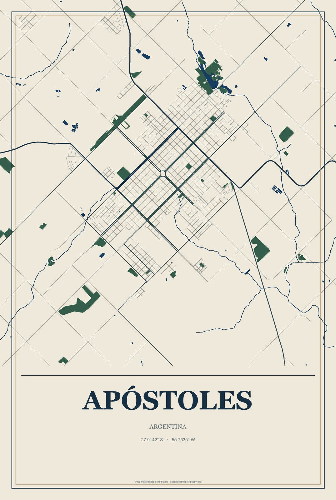 Apóstoles, Argentina City Map Aluminum Sign in Coastal Cutout style