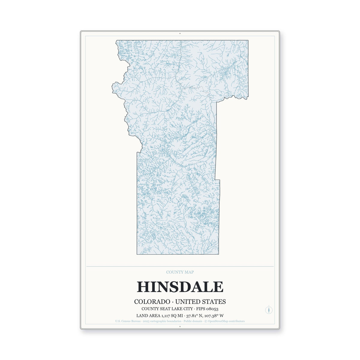 Hinsdale County, Colorado Map Aluminum Sign in Gallery Air style