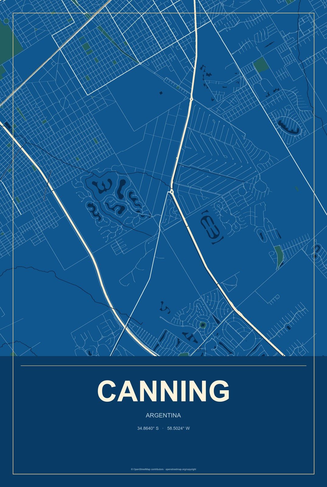 Canning, Argentina City Map Aluminum Sign in Harbor Cobalt style