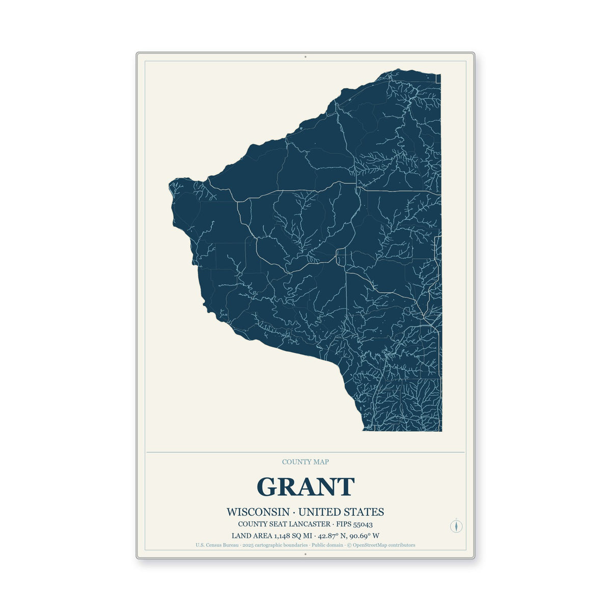 Grant County, Wisconsin Map Aluminum Sign in Coastal Cutout style