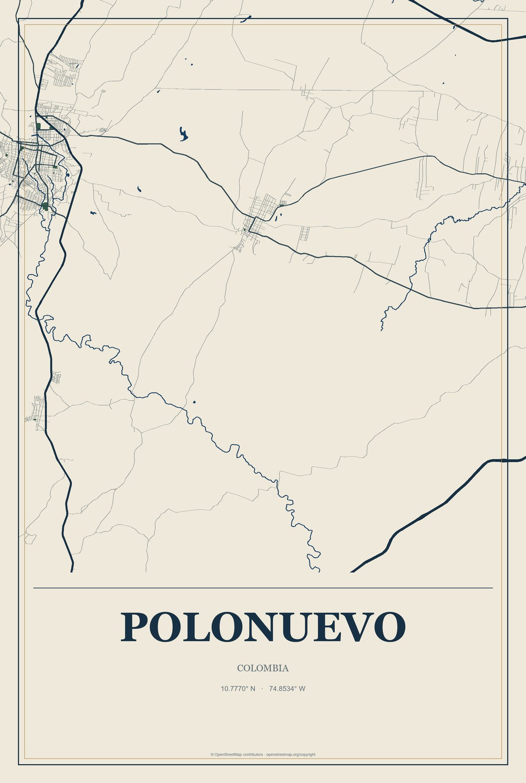 Polonuevo, Colombia City Map Aluminum Sign in Coastal Cutout style