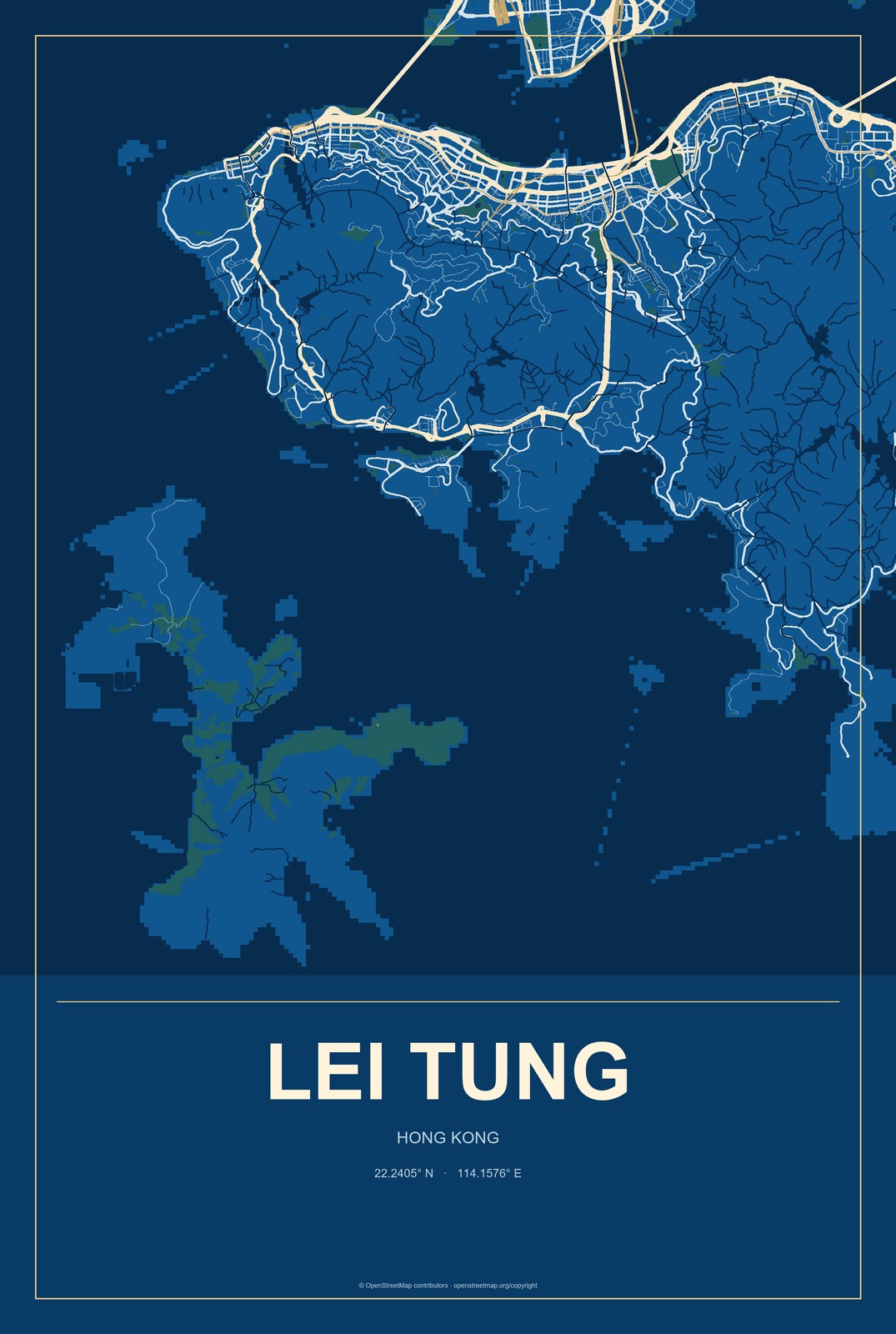Lei Tung, Hong Kong City Map Aluminum Sign in Harbor Cobalt style